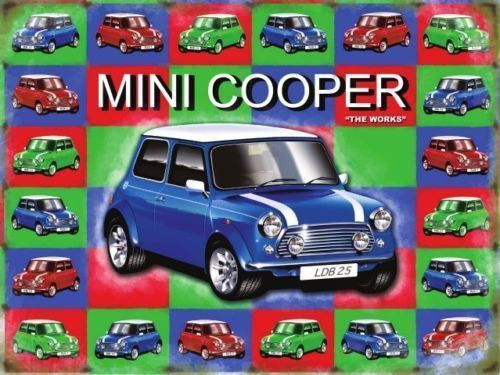 mini-cooper-british-classic-in-blue-on-a-background-of-other-minis-in-red-and-green-metal-steel-wall-sign