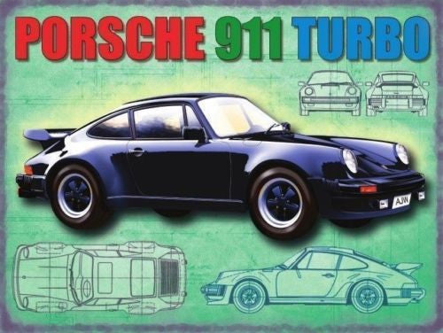 porsche-911-turbo-in-black-rear-engine-german-classic-from-the-60-s-to-present-80-s-version-with-draft-drawings-vag-group-for-petrol-head-garage-home-or-pub-metal-steel-wall-sign