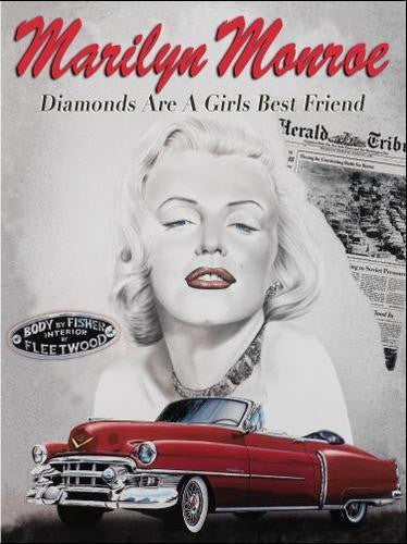 marilyn-monroe-diamonds-are-a-girls-best-friend-black-white-portrait-and-red-caddy-icon-of-silver-screen-movies-and-hollywood-for-home-cinema-pub-bar-restaurant-diner-metal-steel-wall-sign