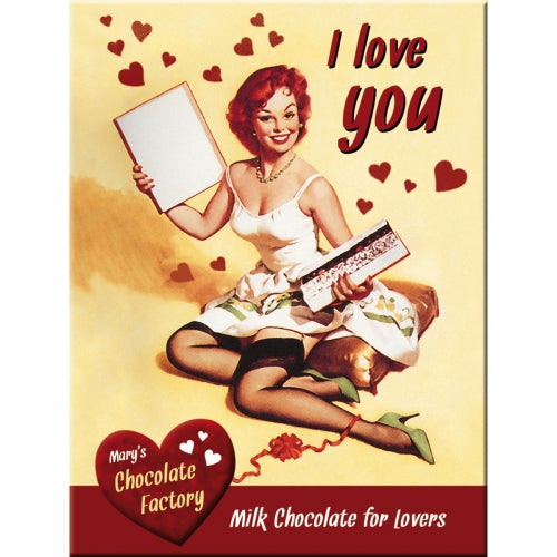 I love you. Mary's Chocolate Factory. Milk Chocolate design.  Fridge Magnet
