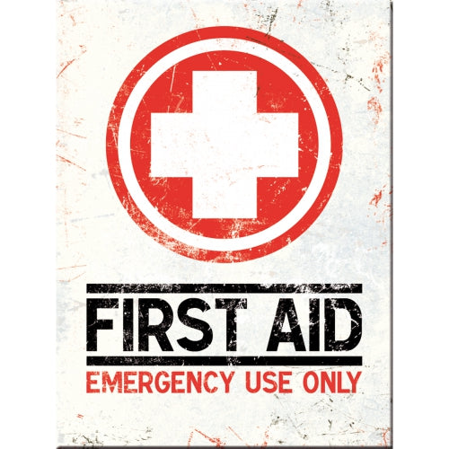 First Aid. Emergency use only. Red, white, cross. design.  Fridge Magnet