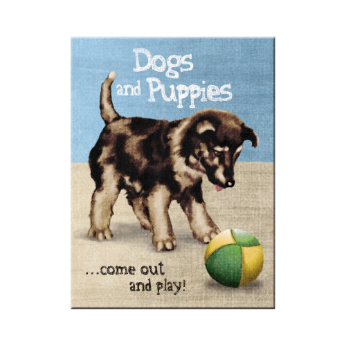 Dogs and Puppies come out and play. Puppy playing surface.  Fridge Magnet