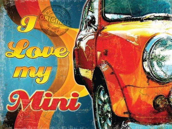 i-love-my-mini-classic-retro-60-s-70-s-car-auto-old-garage-cooper-s-orange-on-groovy-funky-back-ground-for-house-home-garage-bedroom-pub-or-bar-metal-steel-wall-sign
