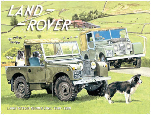 land-rover-series-1-mk1-mki-in-original-green-on-the-farm-with-sheep-dogs-for-house-home-farm-bar-or-pub-metal-steel-wall-sign