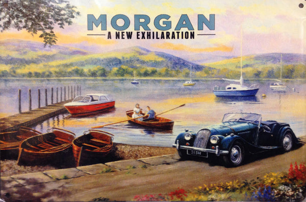 Morgan at the side of the lake. Lake district, Windermere. Blue British sports motor car. Couple in rowing boat. For house, home, garage, pub or  Large Steel Wall Sign