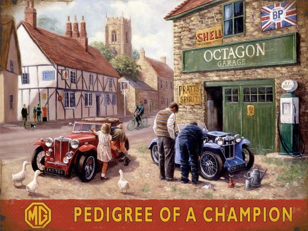 pedigree-of-a-champion-mg-village-octagon-garage-shell-and-bp-classic-british-motor-car-ideal-for-garage-house-home-or-shed-metal-steel-wall-sign
