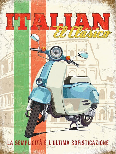italian-el-clasico-blue-and-white-scooter-classic-moped-scooter-vespa-mods-rome-coliseum-in-background-flag-colours-stripes-ideal-for-house-home-garage-shed-man-cave-bar-pub-cafe-or-shop-metal-steel-wall-sign
