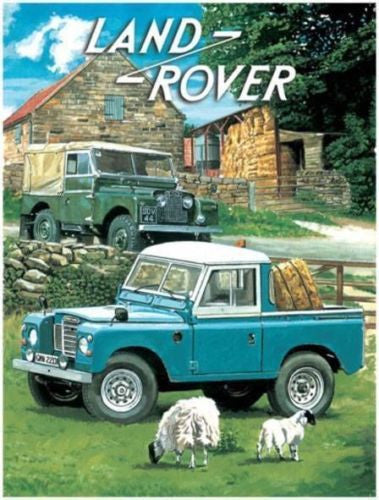 land-rover-pick-up-cab-flat-bed-hay-bales-sheep-on-farm-mk1-mki-mk2-mkii-4x4-blue-and-green-for-house-home-garage-farm-pub-and-bar-metal-steel-wall-sign