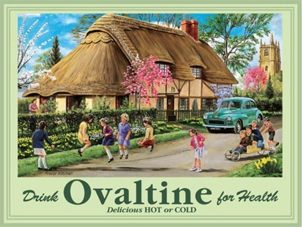 drink-ovaltine-vintage-old-retro-advert-morris-children-playing-in-countryside-next-to-thatched-cottage-for-house-home-kitchen-pub-or-cafe-metal-steel-wall-sign