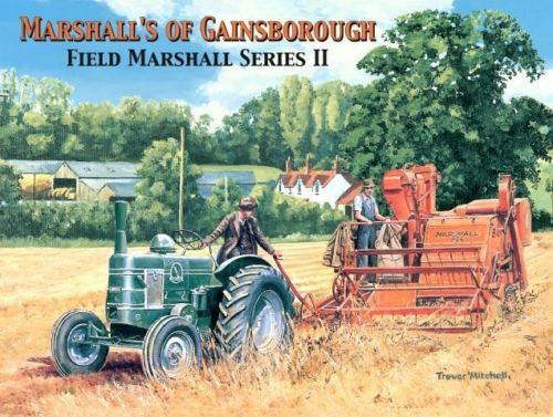 trevor-mitchell-marshalls-of-gainsborough-field-marshall-series-ii-2-green-tractor-red-harvester-in-field-old-vintage-picture-painting-for-house-home-pub-or-bar-metal-steel-wall-sign