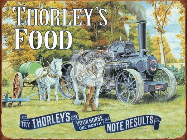 thorley-s-food-for-your-horse-horses-with-steam-engine-on-the-farm-white-shire-pulling-plough-and-tank-metal-steel-wall-sign