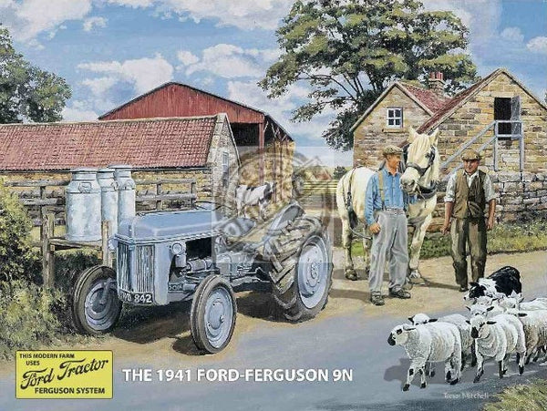 classic-ford-ferguson-9n-tractor-old-vintage-dairy-farm-1941-on-the-farm-with-sheep-and-sheep-dog-milk-churns-and-grey-tractor-metal-steel-wall-sign