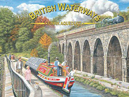 british-waterways-chirk-aqueduct-barge-on-the-canal-with-steam-train-on-the-bridge-flying-scotsman-walk-in-the-country-metal-steel-wall-sign