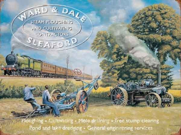 ward-dale-sleaford-steam-ploughing-field-steam-traction-engine-steam-locomotive-going-past-flying-scotsman-advert-for-local-tradesman-for-house-home-bar-or-pub-metal-steel-wall-sign