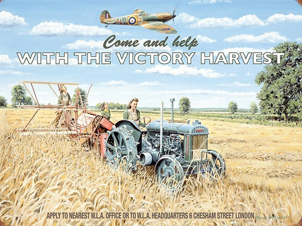 come-and-help-with-the-victory-harvest-wla-office-spitfire-flying-over-women-harvesting-field-crops-corn-wheat-etc-hay-world-war-2-wwii-1930-s-1940-s-land-army-old-advert-to-recruit-women-to-help-the-war-effort-metal-steel-wall-sign