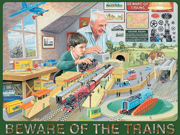 model-trains-beware-of-the-trains-man-and-boy-grandfather-and-grandson-playing-with-toy-trains-mallard-flying-scotsman-painting-signs-and-maps-in-the-background-planes-hornby-station-fun-times-attic-metal-steel-wall-sign