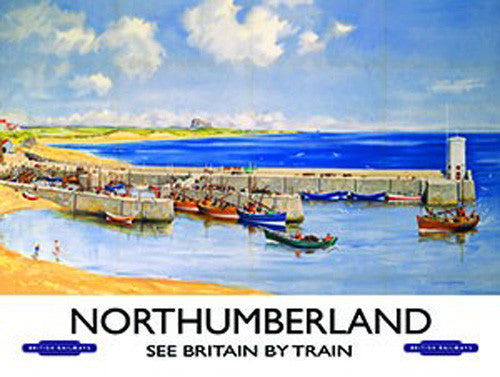 northumberland-see-britain-by-train-old-retro-vintage-holiday-advert-harbour-and-boats-steam-engine-locomotive-early-20th-century-metal-steel-wall-sign