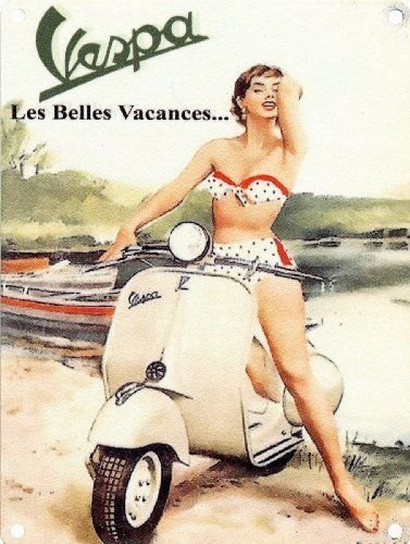 Vespa Les Belles Vacances. Lady in polka dot  Metal/Steel Wall Sign