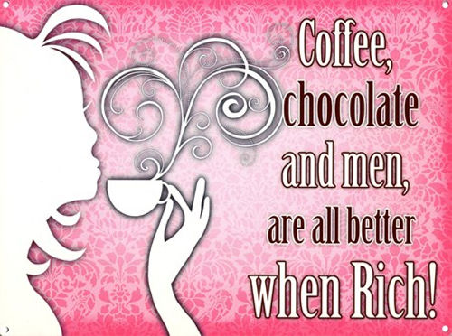 Coffee Chocolate & Men Rich Vintage Retro Sexy Girl Funny. Pink flower background. White silhouette of woman and coffee cu Fridge Magnet
