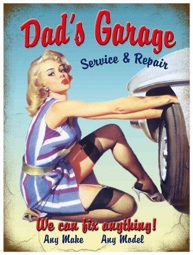dad-s-garage-service-repair-sexy-pinup-50-s-changing-car-tyre-wheel-for-house-home-garage-shed-man-cave-or-pub-bar-christmas-xmas-gift-metal-steel-wall-sign