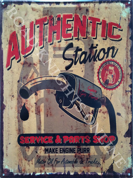 Authentic Station. Service and parts shop, makes engine purr. Petrol pump. Gasoline. Petroleum. Old retro vintage in design, ideal for house, home, garage, shed bar or pub. Chinese sign, spelling mistake on "make engine pur Large Steel Wall Sign