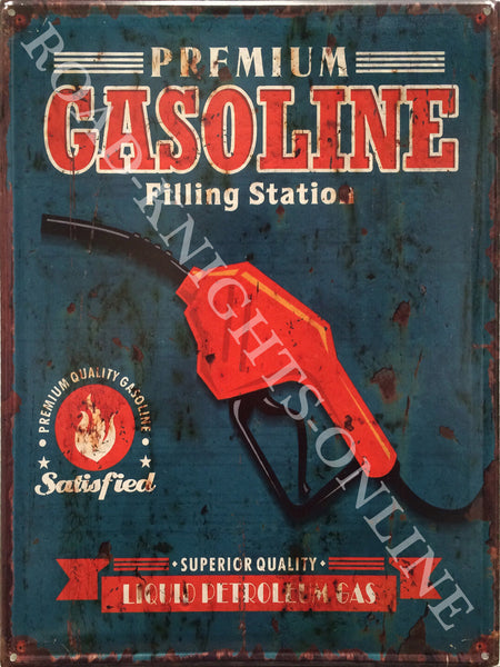 Premium Gasoline. Nozzle. Filling Station, superior quality Liquid Petroleum. Petrol. Gas. Red pump. Handle. Blue back ground. Cars, bikes, motor vehicles. Old retro vintage in design, ideal for pub, bar, shed, garage, kitch Large Steel Wall Sign