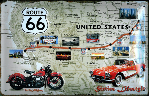route-66-usa-highway-map-motorbike-car-old-garage-3d-metal-steel-wall-sign