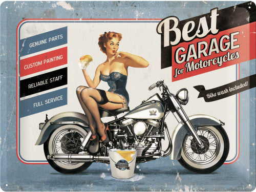 best-garage-blue-motorcycle-cruiser-bike-wash-sexy-50-s-pinup-soap-suds-genuine-parts-custom-painting-reliable-staff-full-service-3d-metal-steel-wall-sign