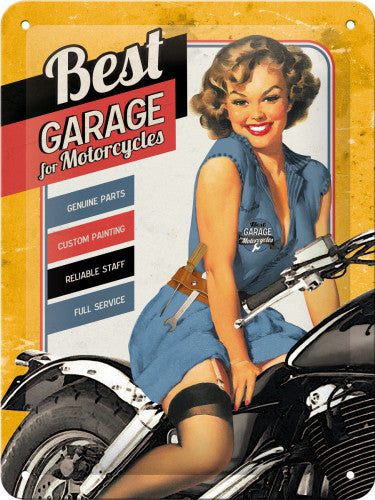 best-garage-yellow-motorcycle-bike-50-s-pinup-genuine-parts-custom-painting-reliable-staff-full-service-man-cave-workshop-shed-garage-3d-metal-steel-wall-sign
