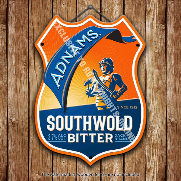 adnams-southwold-bitter-beer-advertising-bar-old-pub-drink-pump-badge-brewery-cask-keg-draught-real-ale-pint-alcohol-hops-shield-shape-metal-steel-wall-sign