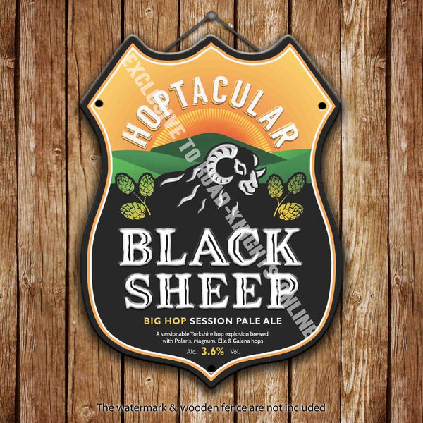 black-sheep-hoptacular-beer-advertising-bar-old-pub-drink-pump-badge-brewery-cask-keg-draught-real-ale-pint-alcohol-hops-shield-shape-metal-steel-wall-sign