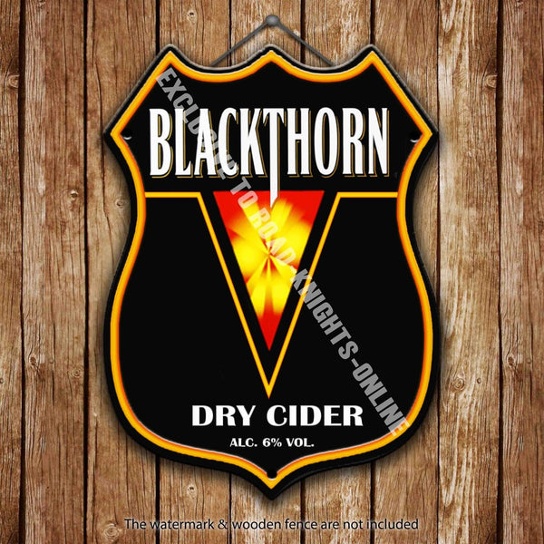 blackthorn-dry-cider-advertising-bar-old-pub-drink-pump-badge-brewery-cask-keg-draught-pint-alcohol-shield-shape-metal-steel-wall-sign
