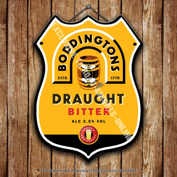 boddingtons-bitter-the-cream-of-manchester-beer-advertising-bar-old-pub-drink-pump-badge-brewery-cask-keg-draught-real-ale-pint-alcohol-hops-shield-shape-metal-steel-wall-sign