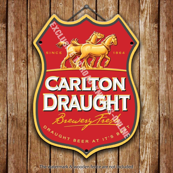 carlton-draught-beer-advertising-bar-old-pub-drink-pump-badge-brewery-cask-keg-draught-real-ale-pint-alcohol-hops-shield-shape-metal-steel-wall-sign