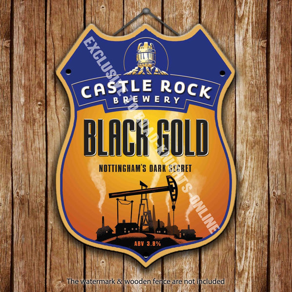 castle-rock-black-gold-beer-advertising-bar-old-pub-drink-pump-badge-brewery-cask-keg-draught-real-ale-pint-alcohol-hops-shield-shape-metal-steel-wall-sign