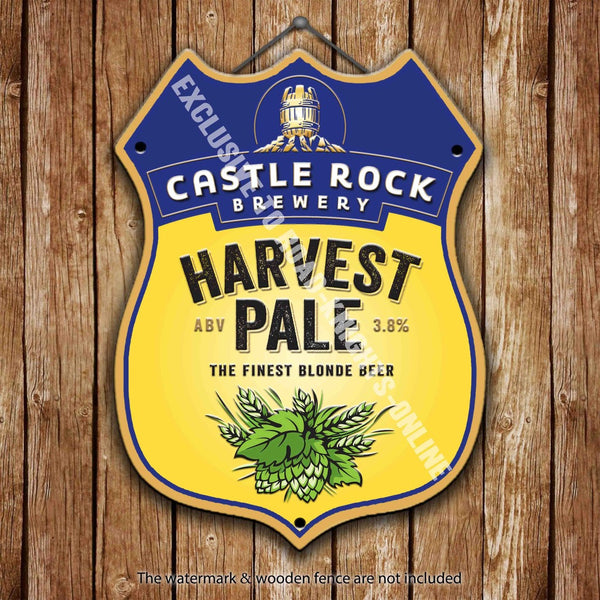 castle-rock-harvest-pale-finest-blonde-beer-advertising-bar-old-pub-drink-pump-badge-brewery-cask-keg-draught-real-ale-pint-alcohol-hops-shield-shape-metal-steel-wall-sign