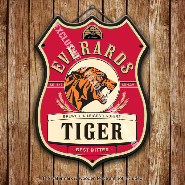everards-tiger-beer-advertising-bar-old-pub-drink-pump-badge-brewery-cask-keg-draught-real-ale-pint-alcohol-hops-shield-shape-metal-steel-wall-sign