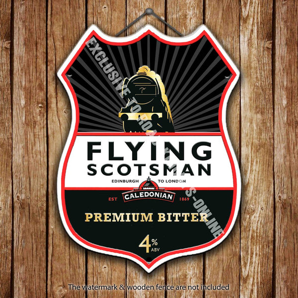 flying-scotsman-bitter-beer-advertising-bar-old-pub-drink-pump-badge-brewery-cask-keg-draught-real-ale-pint-alcohol-hops-shield-shape-metal-steel-wall-sign