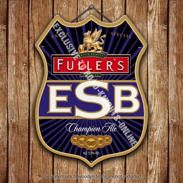 fuller-s-esb-beer-advertising-bar-old-pub-drink-pump-badge-brewery-cask-keg-draught-real-ale-pint-alcohol-hops-shield-shape-metal-steel-wall-sign