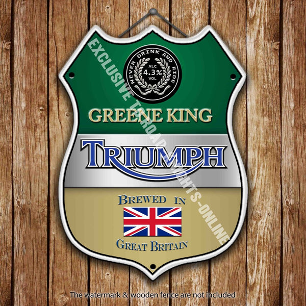 greene-king-triumph-beer-advertising-bar-old-pub-drink-pump-badge-brewery-cask-keg-draught-real-ale-pint-alcohol-hops-shield-shape-metal-steel-wall-sign