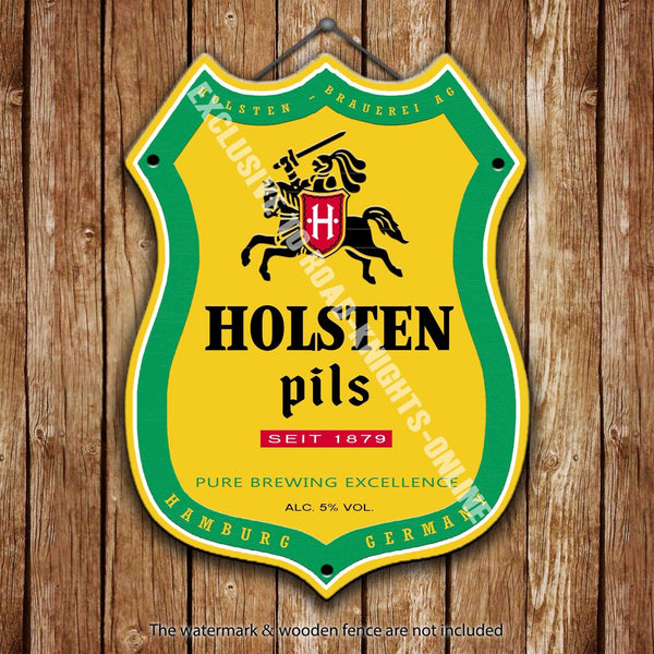 holsten-pils-beer-advertising-bar-old-pub-drink-pump-badge-brewery-cask-keg-draught-real-ale-pint-alcohol-hops-shield-shape-metal-steel-wall-sign