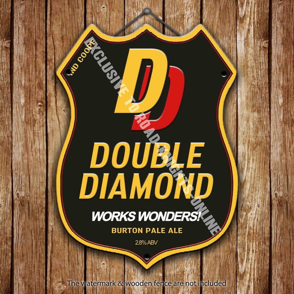 ind-coope-double-diamond-dd-beer-advertising-bar-old-pub-drink-pump-badge-brewery-cask-keg-draught-real-ale-pint-alcohol-hops-shield-shape-metal-steel-wall-sign