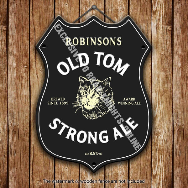 robinson-s-old-tom-strong-ale-stockport-beer-advertising-bar-old-pub-drink-pump-badge-brewery-cask-keg-draught-real-ale-pint-alcohol-hops-shield-shape-metal-steel-wall-sign