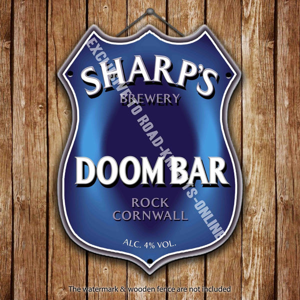 sharp-s-doombar-cornwall-beer-advertising-bar-old-pub-drink-pump-badge-brewery-cask-keg-draught-real-ale-pint-alcohol-hops-shield-shape-metal-steel-wall-sign