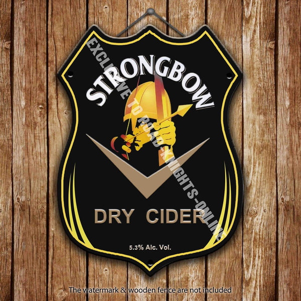 strongbow-dry-cider-advertising-bar-old-pub-drink-pump-badge-brewery-cask-keg-draught-pint-alcohol-hits-the-spot-shield-shape-metal-steel-wall-sign