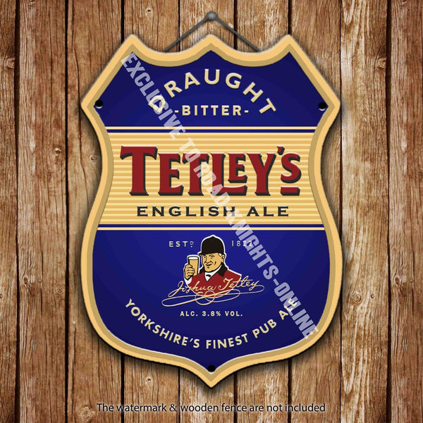 tetley-s-bitter-english-ale-beer-advertising-bar-old-pub-drink-pump-badge-brewery-cask-keg-draught-real-ale-pint-alcohol-hops-shield-shape-metal-steel-wall-sign