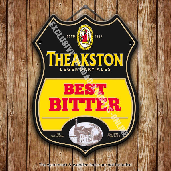 theakston-best-bitter-beer-advertising-bar-old-pub-drink-pump-badge-brewery-cask-keg-draught-real-ale-pint-alcohol-hops-shield-shape-metal-steel-wall-sign