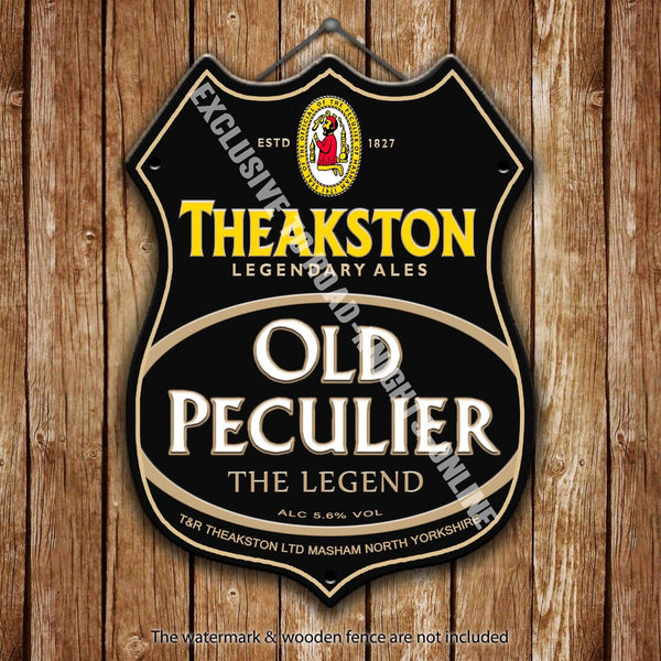 theakston-old-peculiar-beer-advertising-bar-old-pub-drink-pump-badge-brewery-cask-keg-draught-real-ale-pint-alcohol-hops-shield-shape-metal-steel-wall-sign