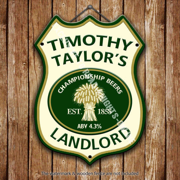 timothy-taylor-landlord-beer-advertising-bar-old-pub-drink-pump-badge-brewery-cask-keg-draught-real-ale-pint-alcohol-hops-shield-shape-metal-steel-wall-sign