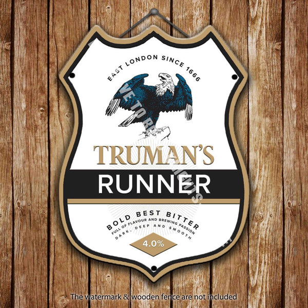 truman-s-runner-beer-advertising-bar-old-pub-drink-pump-badge-brewery-cask-keg-draught-real-ale-pint-alcohol-hops-shield-shape-metal-steel-wall-sign